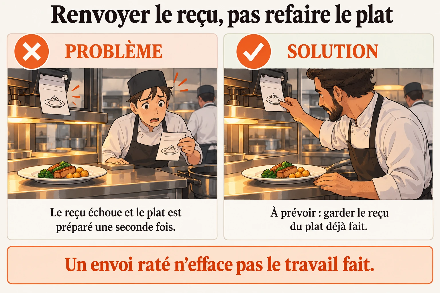 Le reçu ne part pas, mais le plat a déjà été préparé Le vieux billet dit où la conversation s'est arrêtée, pas si le plat existe. La règle étudiée garde le reçu déjà produit ou vérifie la préparation avant de commander de nouveau.