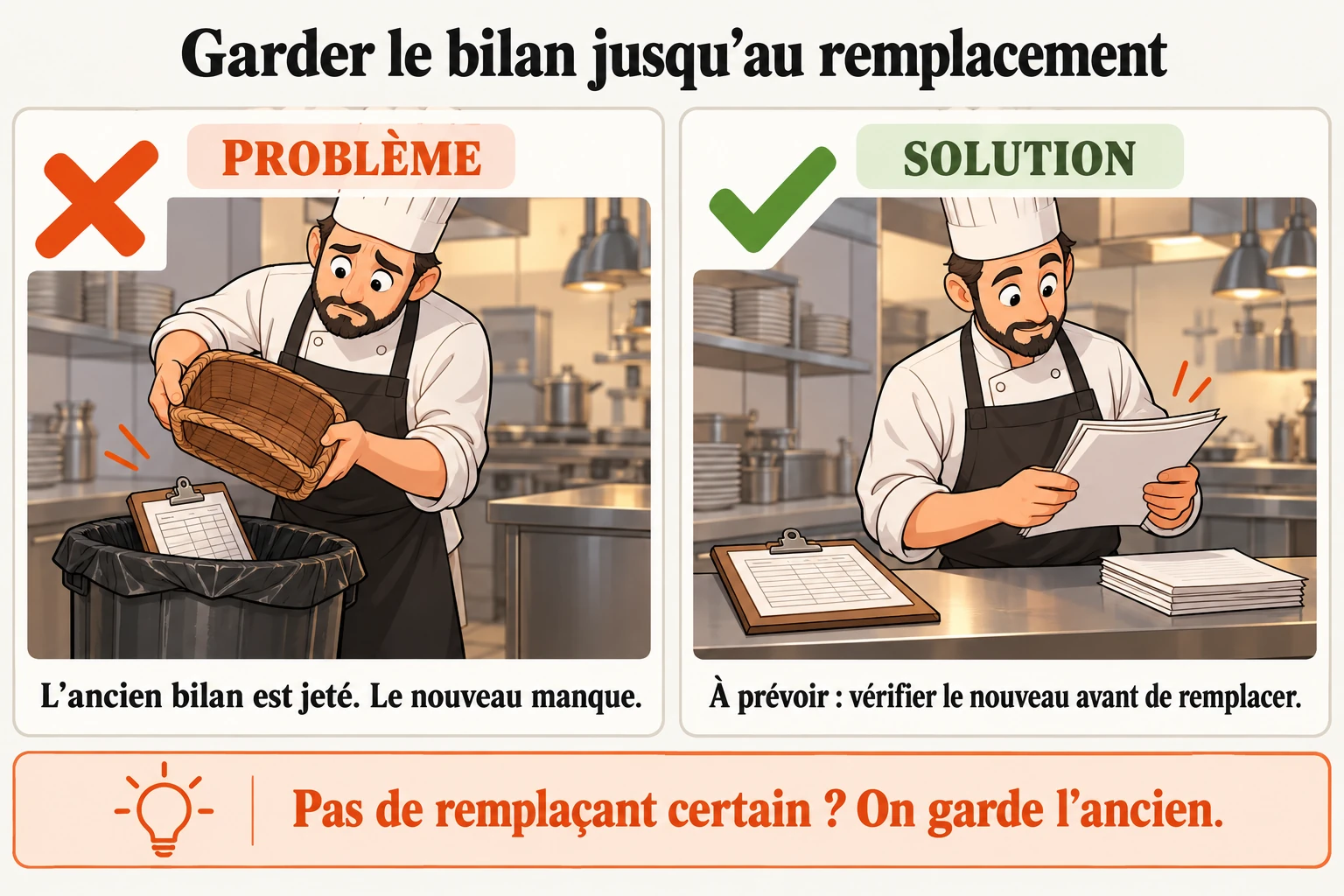 Le vieux bilan part à la poubelle avant l'arrivée du nouveau La règle proposée commence par chercher exactement un nouveau bilan. S'il n'y en a aucun ou s'il y en a plusieurs, l'ancien reste en place. Ce n'est qu'après cette vérification que le chef le remplace.