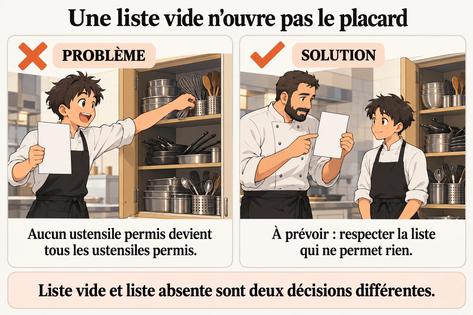 La liste sans ustensile ne veut pas dire tous les ustensiles La règle proposée laisse la différence visible : pas de liste et liste vide ne demandent pas le même geste. Une interdiction reste prioritaire même lorsqu'un ustensile figure ailleurs comme permis.