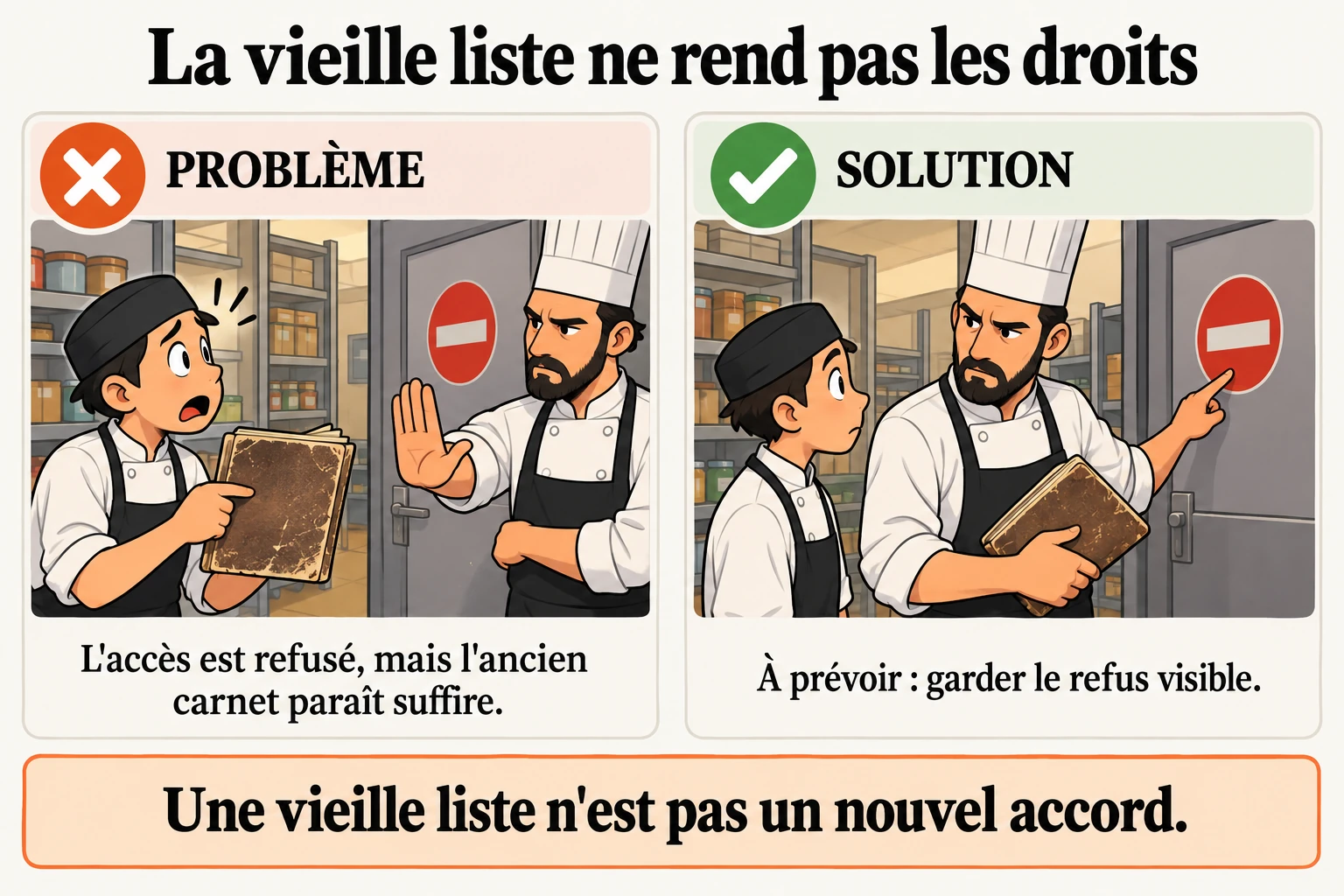 Ne pas cocher le rangement tant que les clés locales sont encore là Une autre règle, encore proposée, refuse de remplacer un accès refusé par une liste vide ou un vieux carnet. L'ancien carnet ne servirait que pendant une panne passagère ; sans carnet, cette panne reste une erreur.