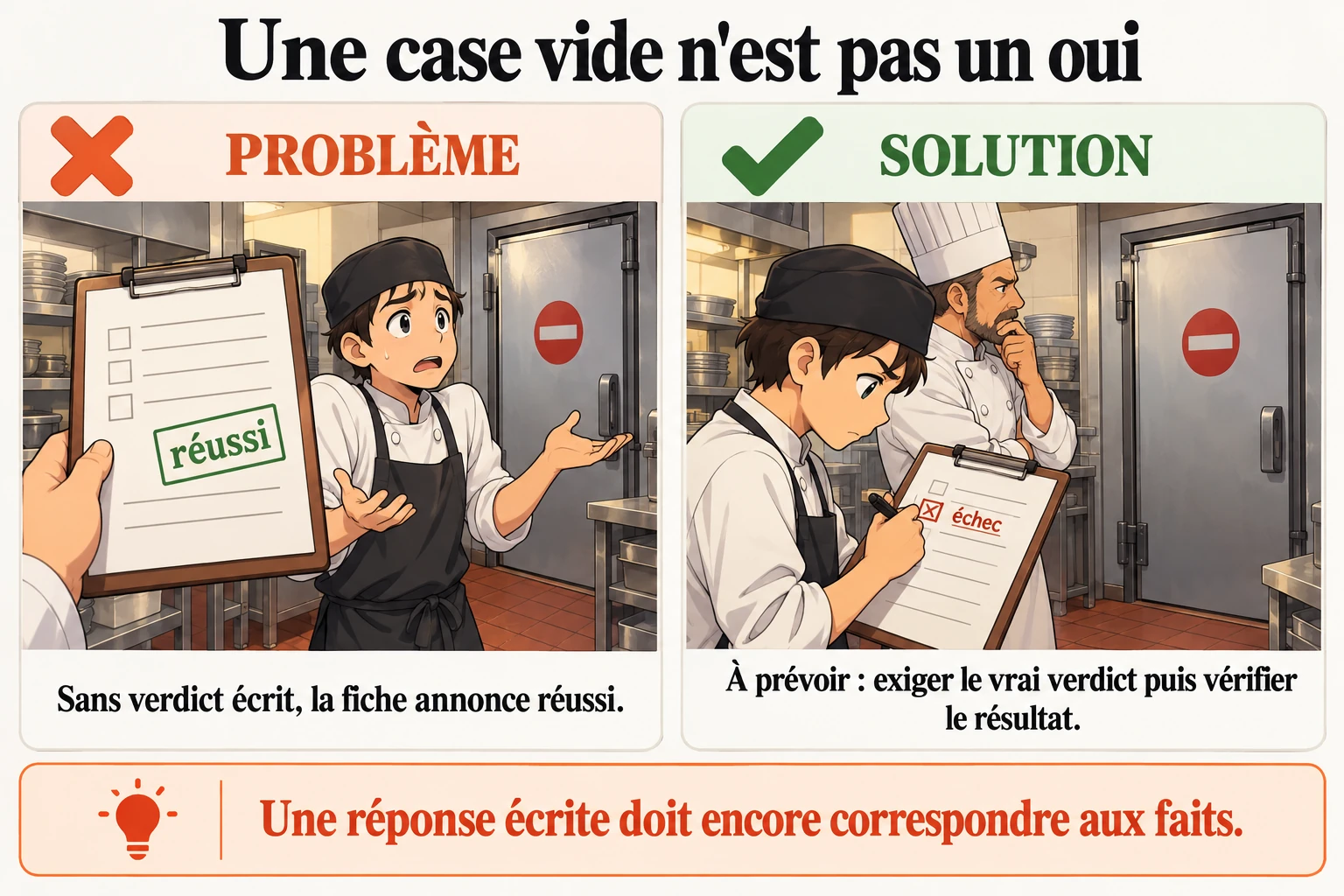 Sans réponse sur la fiche, le plat ne doit pas être déclaré réussi