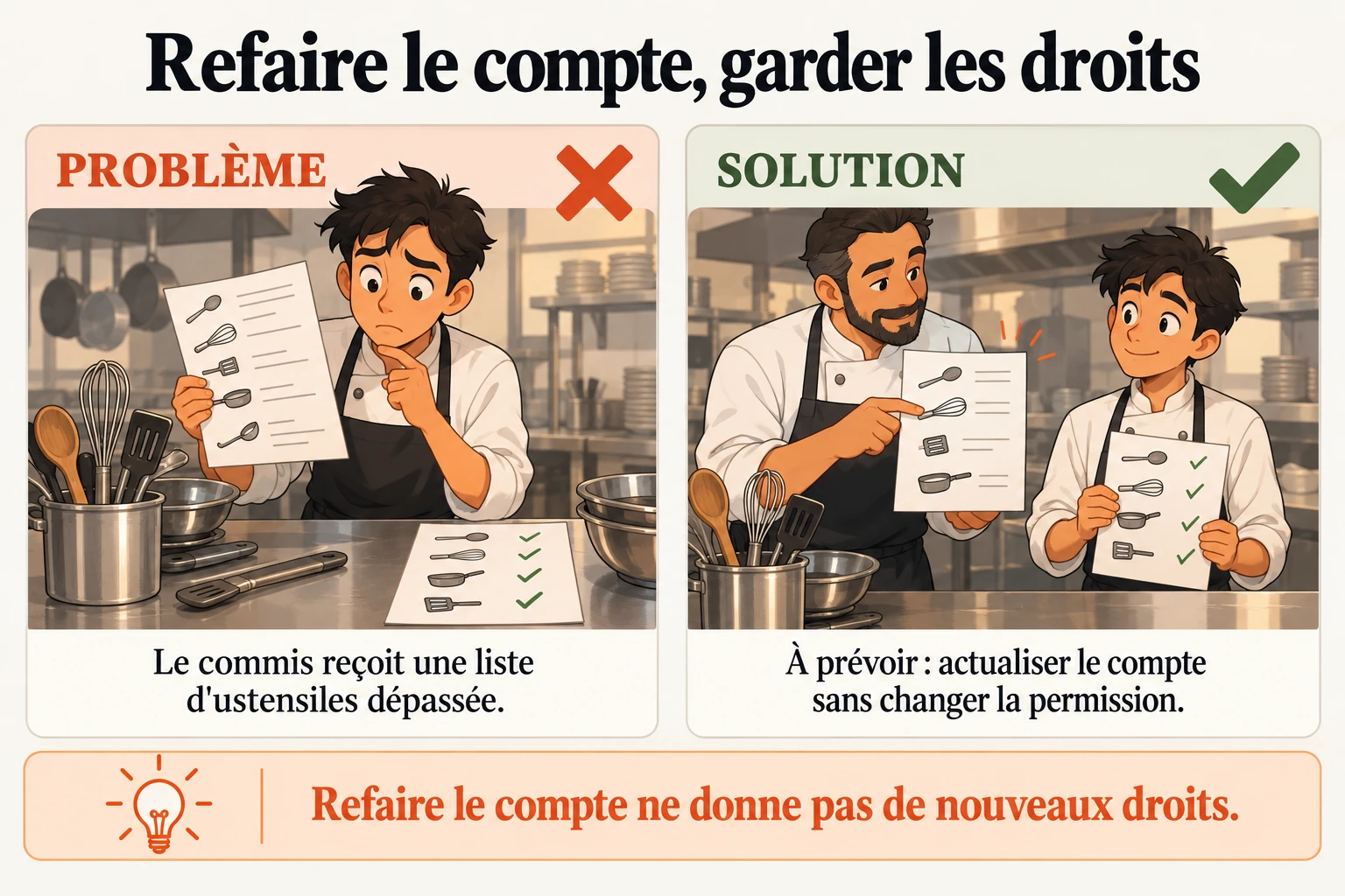 Refaire le compte des ustensiles sans changer les droits du commis