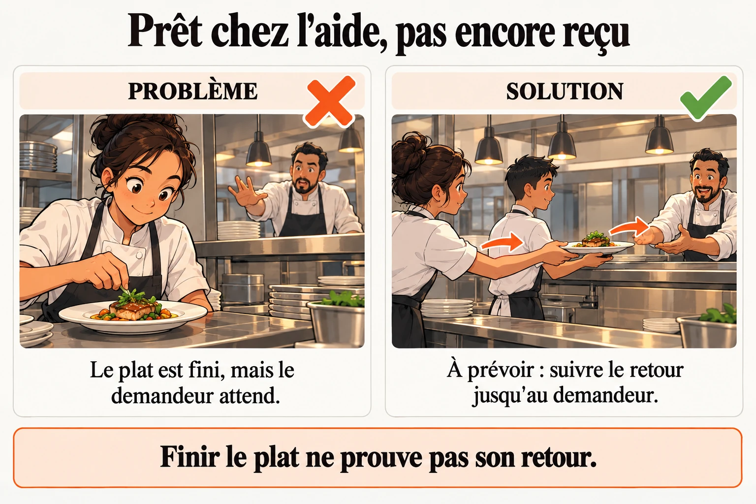 Le commis doit rendre son résultat à celui qui l'a demandé Les recettes de travail doivent désormais traiter ce qui revient et demander clairement les messages supplémentaires souhaités. La maison annonce déplacer les anciens réglages tout en gardant le silence prévu dans les échanges de groupe. Recevoir le plat et demander d'autres nouvelles restent deux décisions différentes.