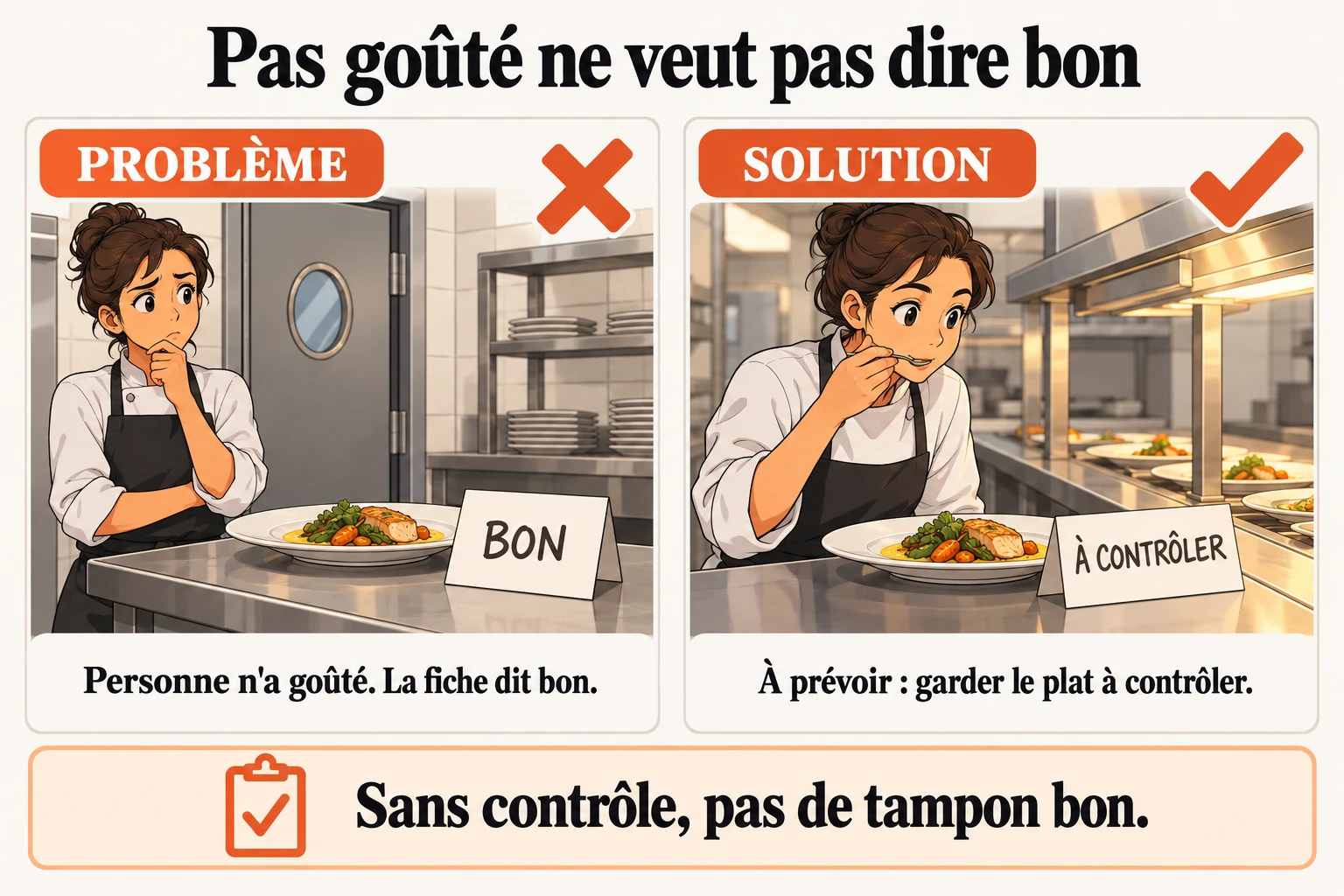 Le contrôle raté reçoit quand même le tampon bon La règle proposée garde séparément le contrôle impossible et le plat déclaré bon. Si personne n'a pu goûter, la fiche doit encore réclamer un examen. Ce n'est pas une réparation déjà livrée.