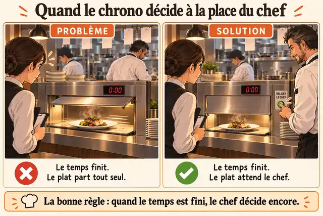 Le minuteur sonne et l’assiette part sans réponse La maison écrit clairement ce qui suit la sonnerie. Quand le choix est important, l’assiette reste au passe, sauf si le client et la brigade avaient déjà convenu d’une solution sûre. Quand le client ne répond pas, la brigade n’a reçu aucun accord. La sonnerie mesure seulement l’attente ; elle ne donne pas le droit de choisir à sa place.