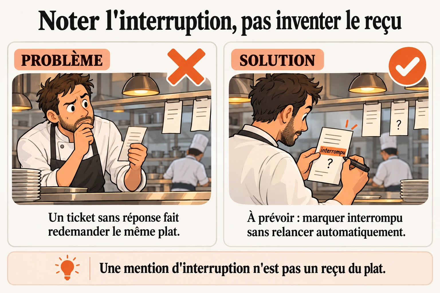 Écrire interrompu sur le ticket ne commande pas un second plat