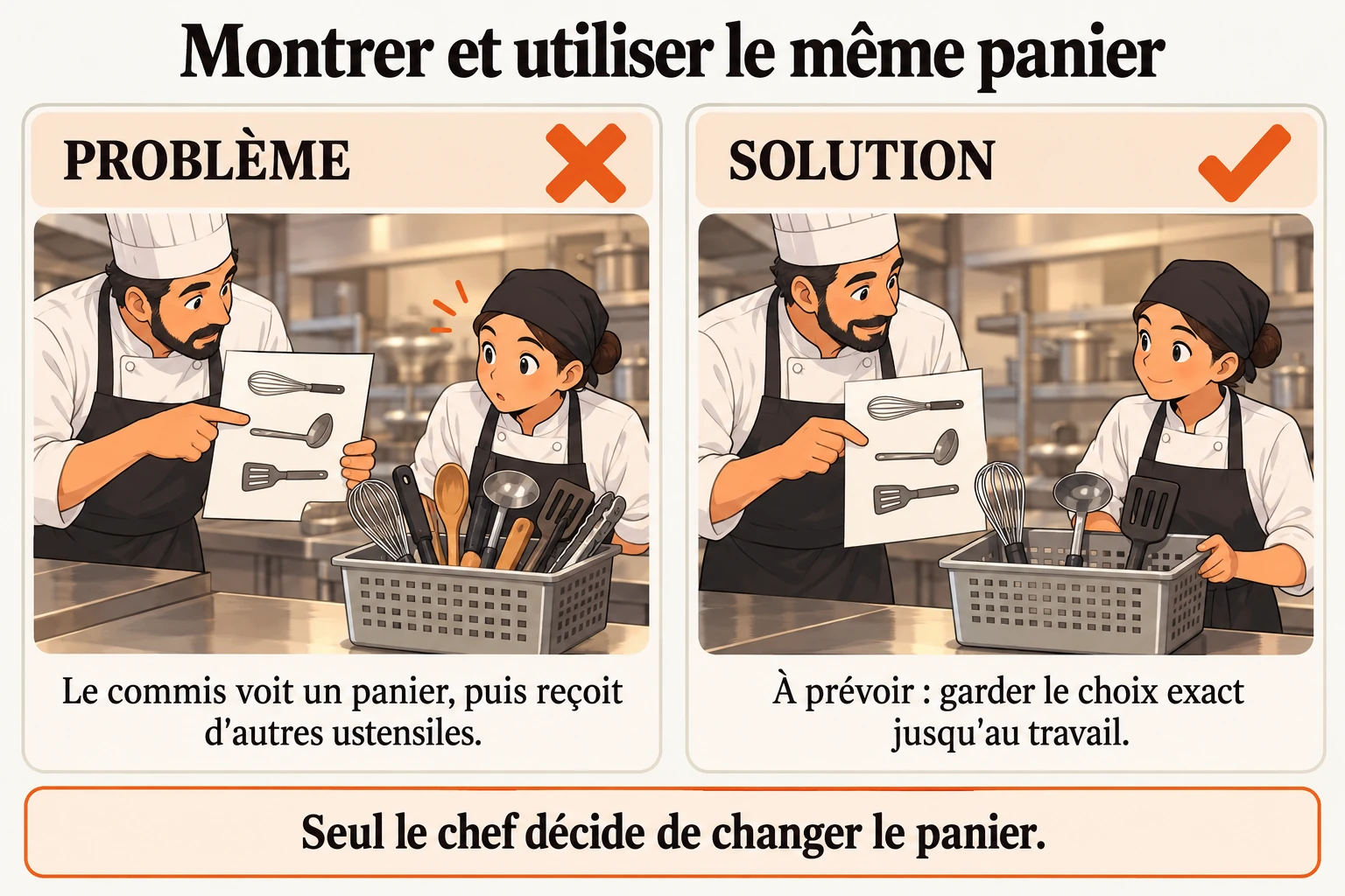 Le commis cuisine avec le panier qu'on lui a montré