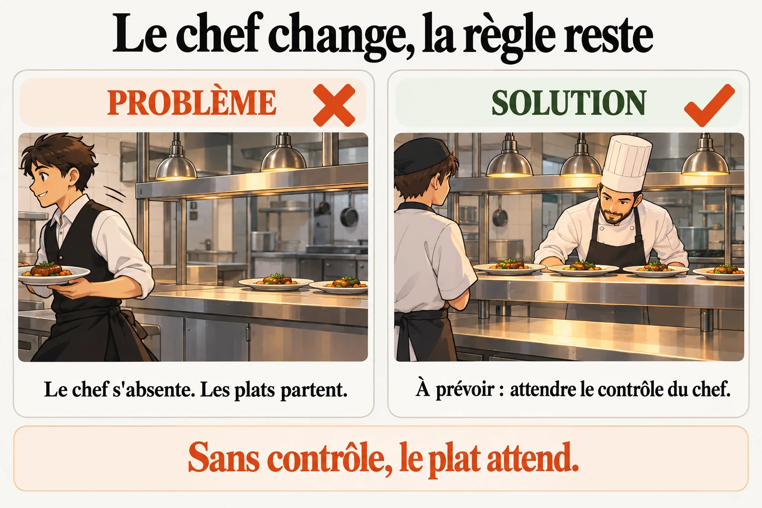 La relève du chef ne doit pas ouvrir le passe Le remplaçant doit reprendre la vérification avant que les plats repartent. Si une assiette change, on la présente de nouveau. Cette règle est étudiée ici, sans changer cette cuisine.