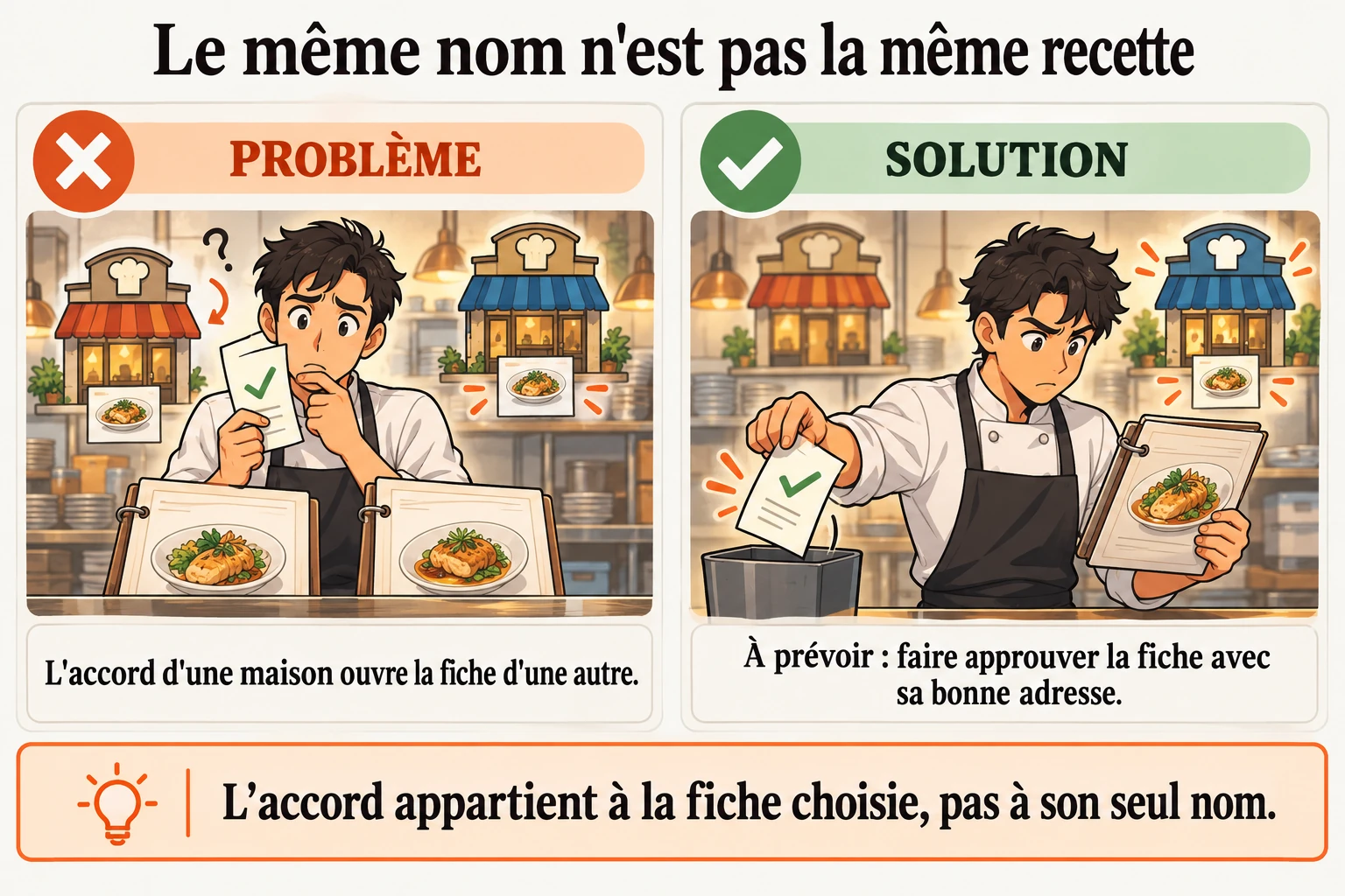 L'accord pour une recette ne suit pas son nom dans une autre maison Les anciens billets sans adresse assez précise sont refusés, pas réécrits selon la cuisine où l'on se trouve. Il faut retrouver la bonne fiche et demander son accord de nouveau.