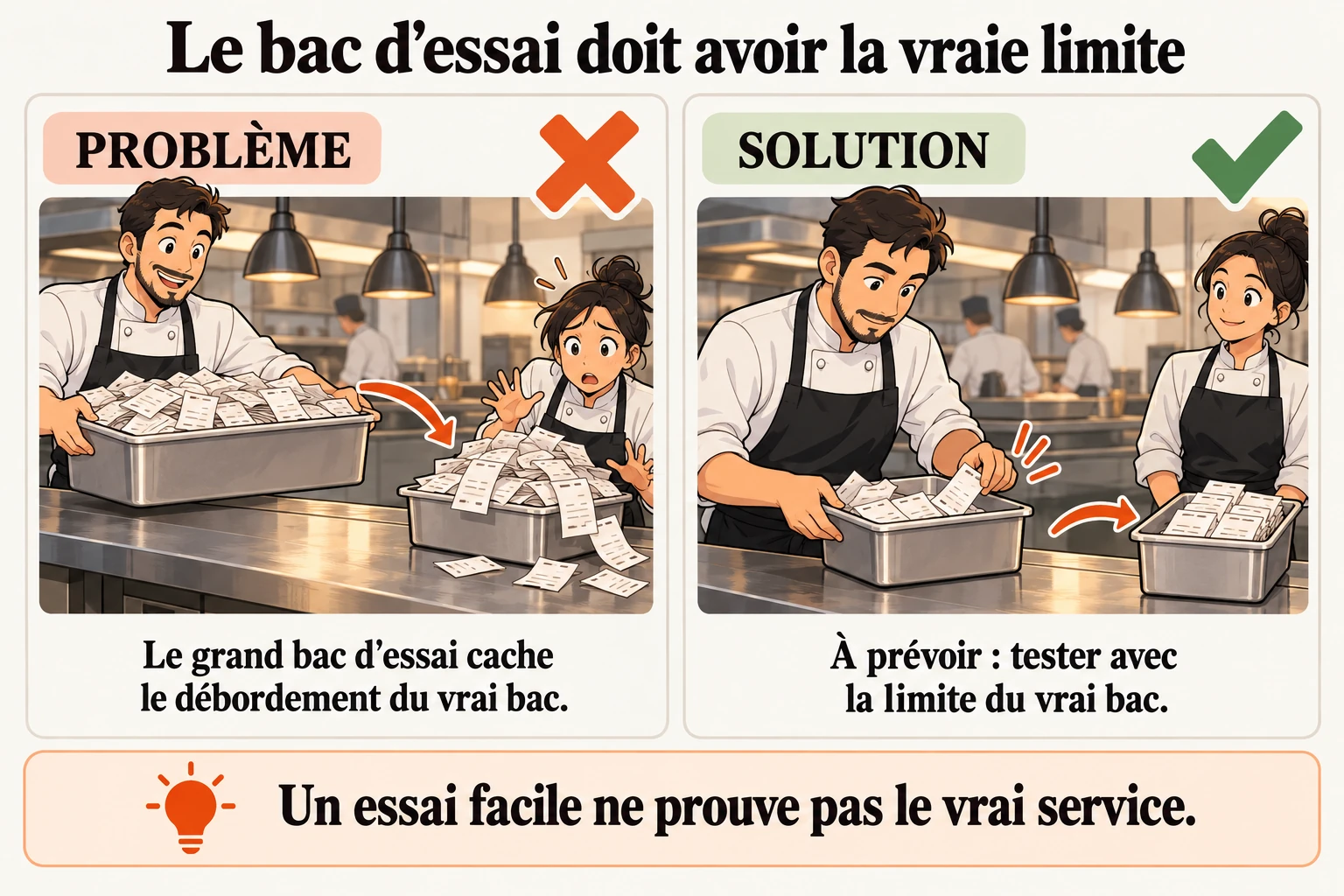 Le bac d'essai est plus grand que celui du vrai service L'autre récit rappelle qu'un essai arrêté faute d'ustensile ne prouve pas que la protection fonctionne. Il propose de retirer réellement la protection, d'attendre le défaut précis, puis de vérifier aussi le bon cas.