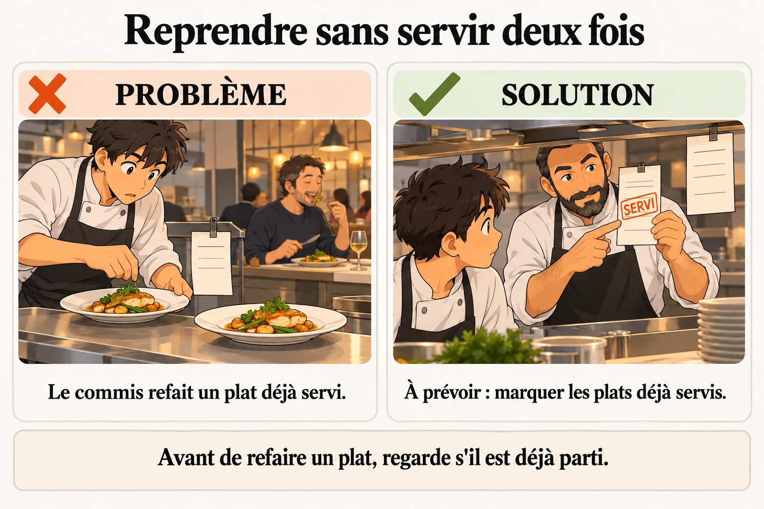 Reprendre le service sans oublier ni servir deux fois La maison annonce des réparations pour retrouver les bons et éviter certaines assiettes répétées. La règle retenue est de garder ce qui reste à faire et ce qui a déjà été servi. Le bon encore accroché et l'assiette déjà partie racontent deux choses. Une bonne relève conserve les deux. Sinon, on oublie une table ou on la sert deux fois.