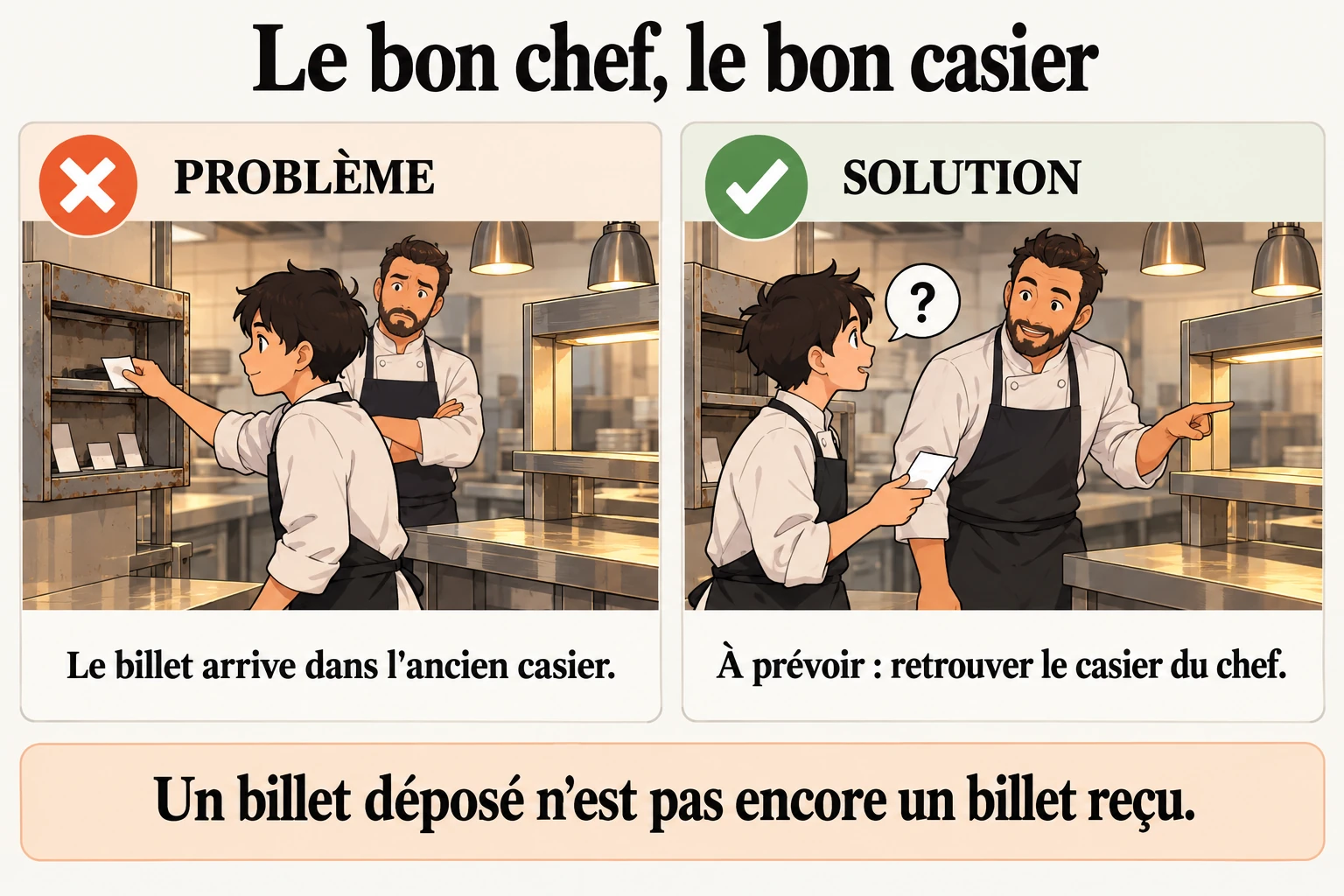 Les messages du commis restent dans l'ancien casier La piste retenue est de vérifier où le chef actuel prend ses billets avant de reprendre les envois. Déposer un papier ne prouve pas sa réception. Cette réparation reste à étudier.