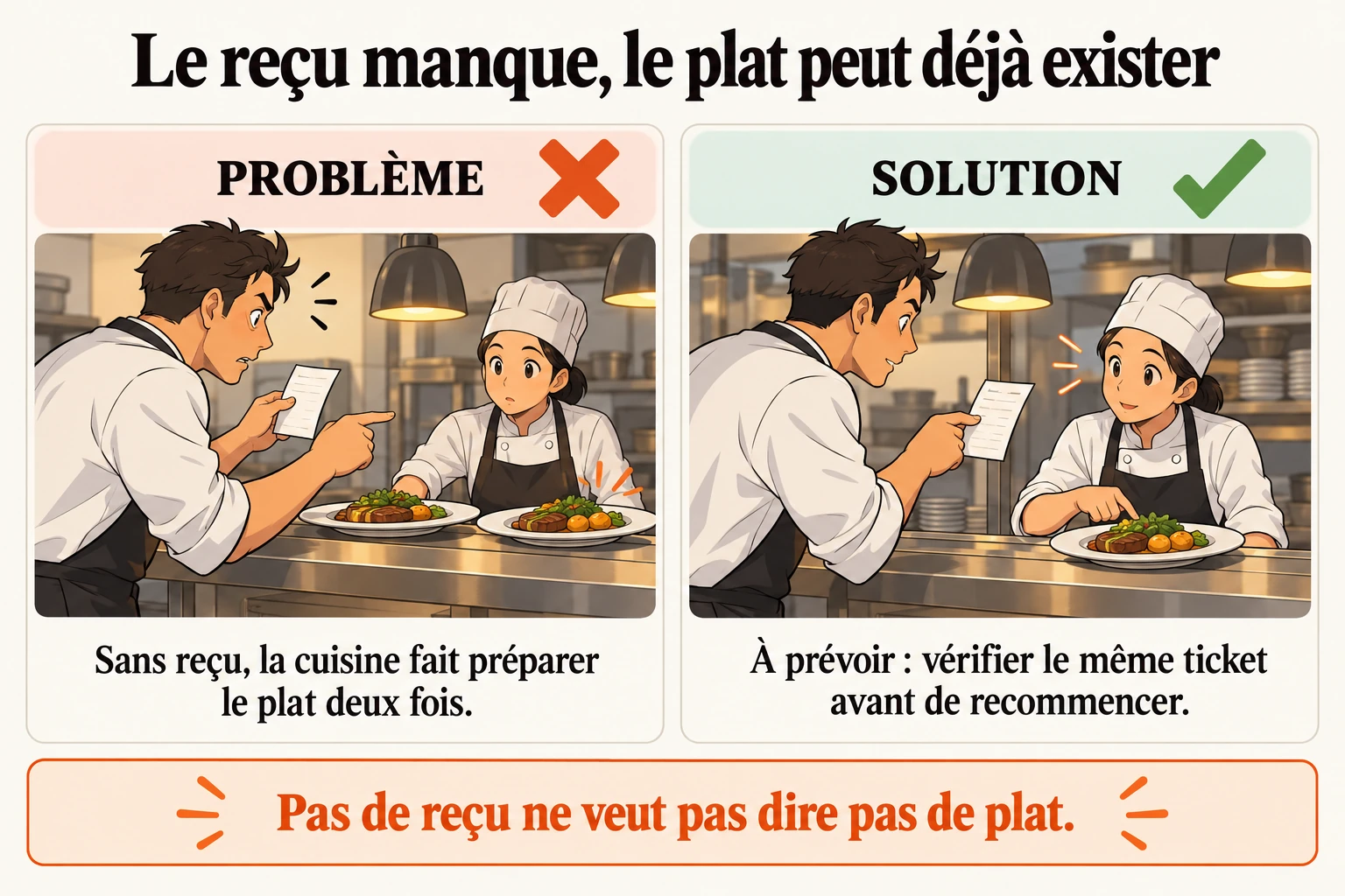 Le plat peut être prêt avant que son reçu arrive Garder le numéro dans notre cahier ne suffit pas si le fournisseur ne le reçoit jamais. La règle étudiée lui transmet la même identité ou vérifie son reçu durable avant de recommencer.