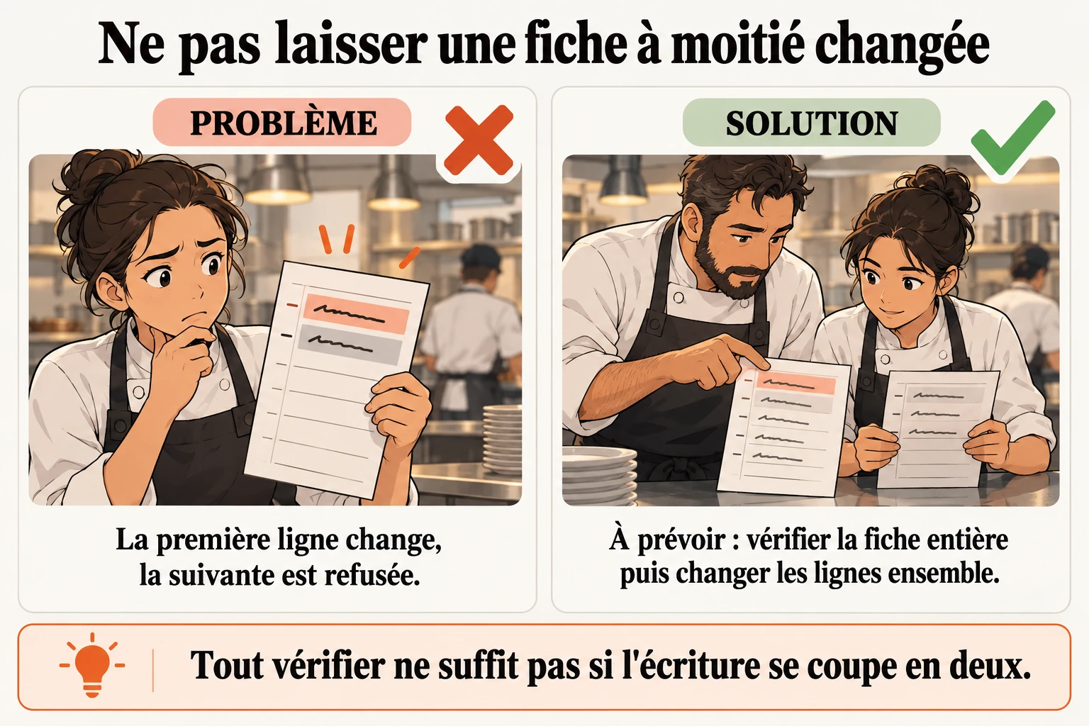 Le cahier peut garder le plat sans rappeler le cuisinier Une autre proposition évite de changer la moitié d'une fiche avant qu'une vérification ne bloque la suite. Elle prépare la fiche entière puis remplace ensemble les lignes liées ; cette réparation n'est pas encore acceptée.